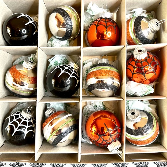 12 Halloween Radko Spider Web Glass Ball Ornaments Glitter Stripes - Picture 2 of 9